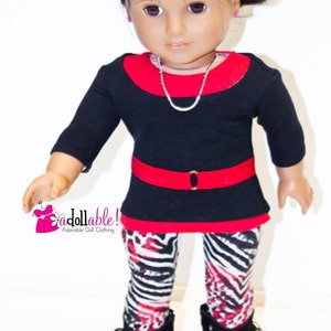 Se adapta a la ropa de muñecas American Girl/ropa de muñecas de 18 pulgadas/Top negro, camiseta roja, con leggings con estampado animal en rojo/negro/blanco