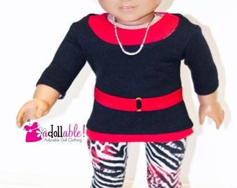 Fits like American Girl doll clothes/ 18 inch doll clothes/ Black Top, Red Tank, with Red/Black/White Animal Print Leggings