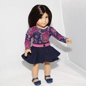 Fits like American Girl doll clothes/ 18 inch doll clothes/ Navy Floral Top with Navy Skater Skirt image 4