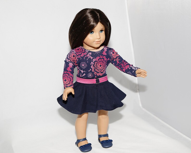 Fits like American Girl doll clothes/ 18 inch doll clothes/ Navy Floral Top with Navy Skater Skirt image 4