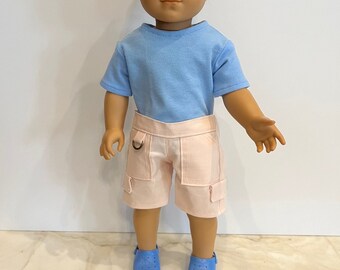 Fits like American boy doll clothes/ 18 inch boy doll clothes/ Powder Blue Flecked T-shirt and Tan Cargo Shorts