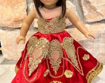 Quinceanera Gown/ Fits like American girl doll clothes/ Red/Gold Trimmed Evening Gown