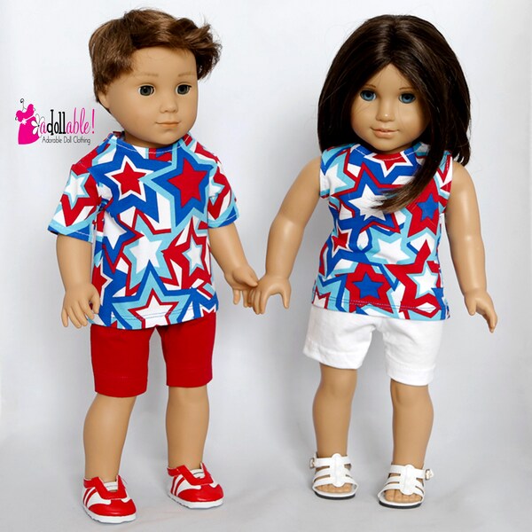 Fits like American Girl doll clothes/ 18 inch doll clothes/ Red/White/Blue/Turq Star Top with Knit Shorts, His /Hers doll clothing