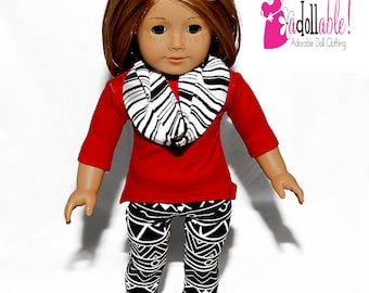 Passt wie American Girl Puppenkleidung / 18 Zoll Puppenkleidung / Red Shark Bite Top, Infinity Schal mit schwarz/weißer Leggings