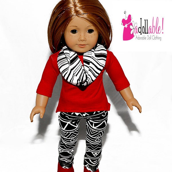 Fits like American Girl doll clothes/ 18 inch doll clothes/ Red Shark Bite Top, Infinity Scarf with Black/White Leggings