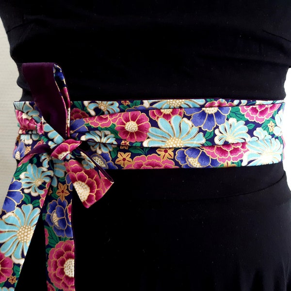 Ceinture obi tissu fleurs dorures ceinture japonaise accessoire femme mode