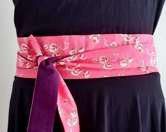 Pink obi belt fabric sash red flowers japanese accessory woman present