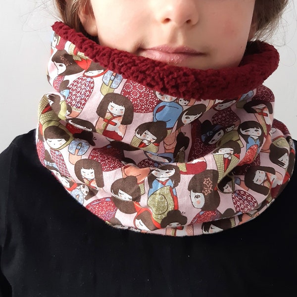 Snood enfant tour de cou coton bordeaux rose kokeshi poupées japonaises snood fille garçon