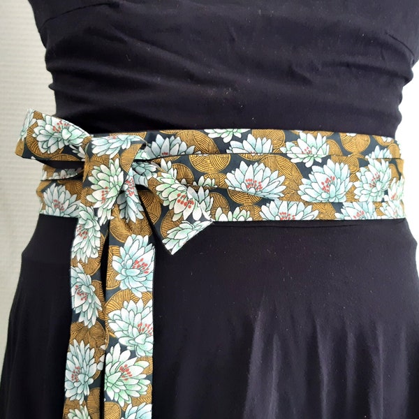 Ceinture obi jaune moutarde noire tissu fleurs nénuphars ceinture japonaise accessoire femme mode