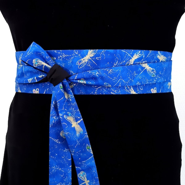 Ceinture obi bleue tissu libellules dorées ceinture japonaise ceinture à nouer accessoire femme