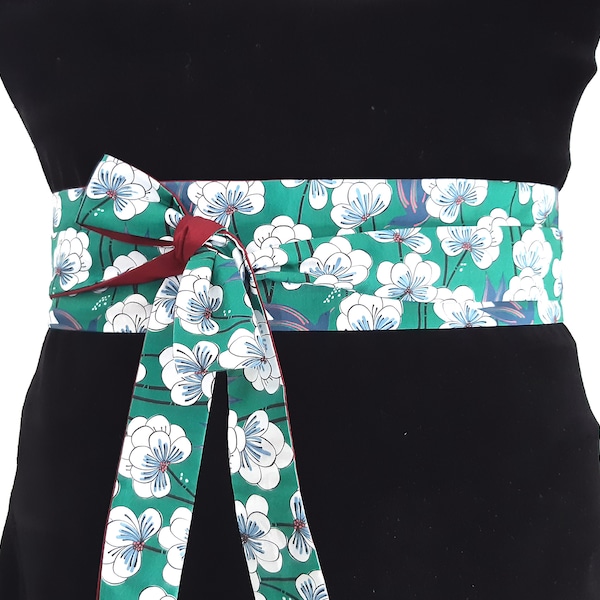 Ceinture obi vert blanc ceinture tissu fleurs oiseaux colibri ceinture japonaise accessoire femme mode