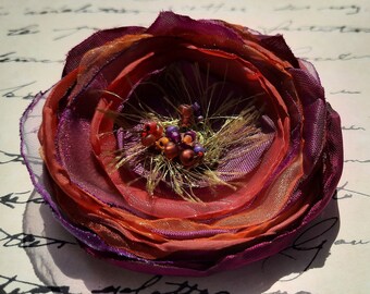 Fabric Flower Pin, Purple and Rust - FFP-48