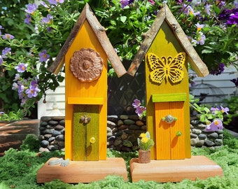 Pair of Pixie Houses - Green House with Yellow Door, Yellow House with Green Door (700)
