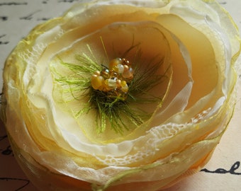 Fabric Flower Pin, Yellow and Cream - FFP-02