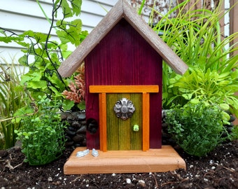 Fairy Door for Gardeners, Dark Plum and Moss Green with Gardening Tools (475)