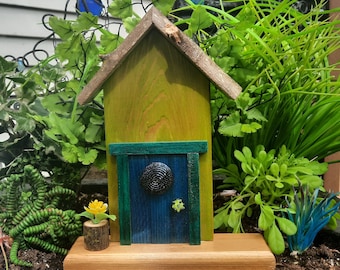 Fairy Door, Lime Green and Blue with Beaded Button and Flower Pot (663)