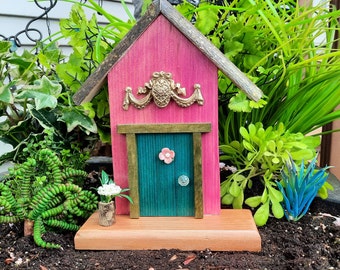 Wood Fairy Door, Pink and Teal with Decorative Gold Swag (647)