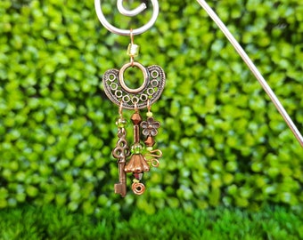 Fairy Wind Chime, Brown & Green with Vintage Jewelry Piece - Fairy Garden Accessory WC-133