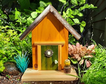 Fairy Door, Yellow and Moss Green with Rhinestones and Flower Pot (514)