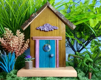 Wood Fairy Door, Blue and Moss Green with Decorative Rosette and Jewelry Piece (609)