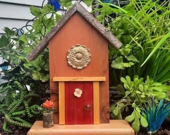 Fairy Door, Orange and Red with Decorative Medallion and Flower Pot (673)