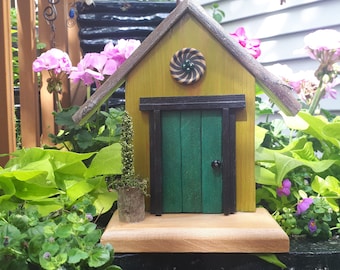 Garden Fairy Door, Teal and Citrus Green with Wood Button and Fairy Flower Pot (360)