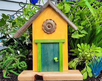 Fairy Door, Yellow and Teal with Gold Medallion and Windchime (655)