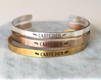 Carpe Diem Bru Hand Stamped Cuff Thin Stacking Bracelet Personalized Custom Order Adjustable Handmade Carpe Diem Bru Hand Stamped Cuff Thin Stacking Bracelet Personalized Custom Order Adjustable Handmade