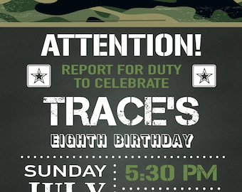 May include: A camouflage-themed birthday party invitation for Trace's eighth birthday. The invitation features a chalkboard background with white text that reads "ATTENTION! REPORT FOR DUTY TO CELEBRATE TRACE'S EIGHTH BIRTHDAY SUNDAY 5:30 PM JULY 17 REPORT TO: 12345 ARMY LANE TULSA, OKLAHOMA RSVP to Drill Sergeant Amy at 123-456-7890 **Please dress for outdoor games and bring swim suit for swimming after**".