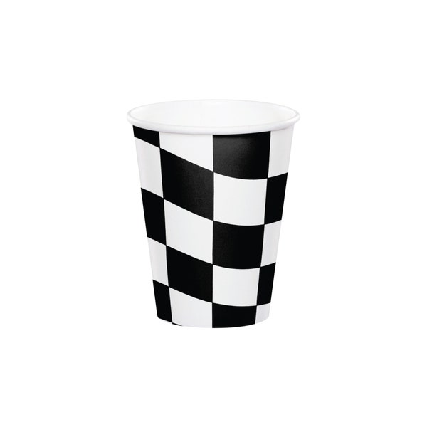 Klassieke papieren bekers met geruite vlag 8ct | Raceauto verjaardag decor | Twee snelle verjaardagsfeestjebekers | Speedway-racen | Snel één verjaardag