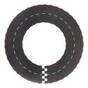 May include: Black and white circular race track with red markings. The track has a white dashed line down the center and a checkered finish line.