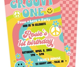 Groovy One 1e verjaardagsuitnodiging - retro hippiefeest (digitale download)