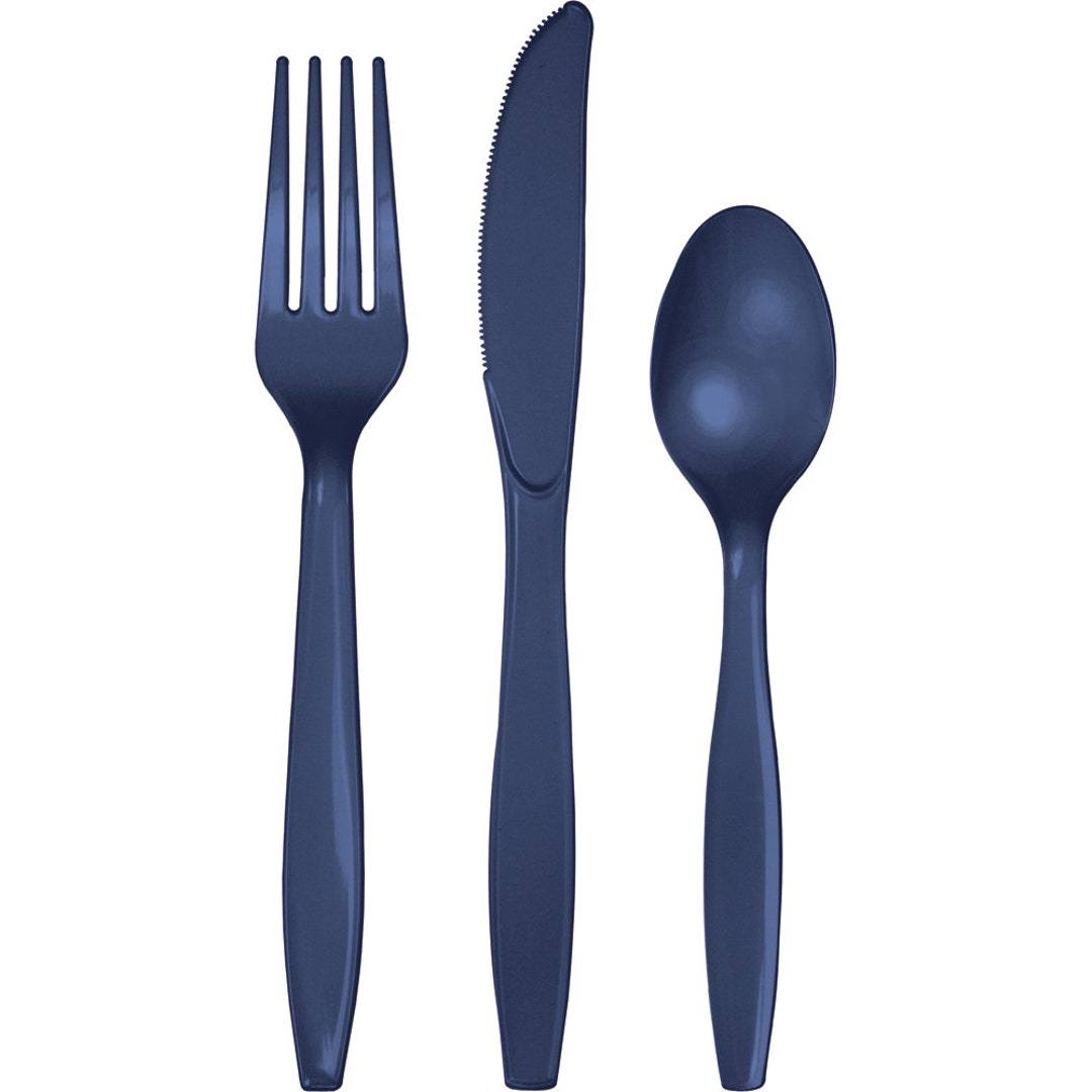 Navy Plastic Cutlery Set Service for 8 Silverware Party Utensils