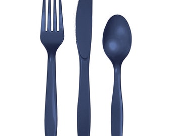 Navy Plastic Cutlery Set Service for 8 | Silverware | Party Utensils | Birthday Party | Disposable Flatware | Nautical Baby Shower Decor