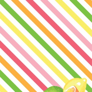 May include: A watercolor illustration of a lime, a lemon, and a lemon wedge on a white background with diagonal stripes in pink, yellow, orange, and green.
