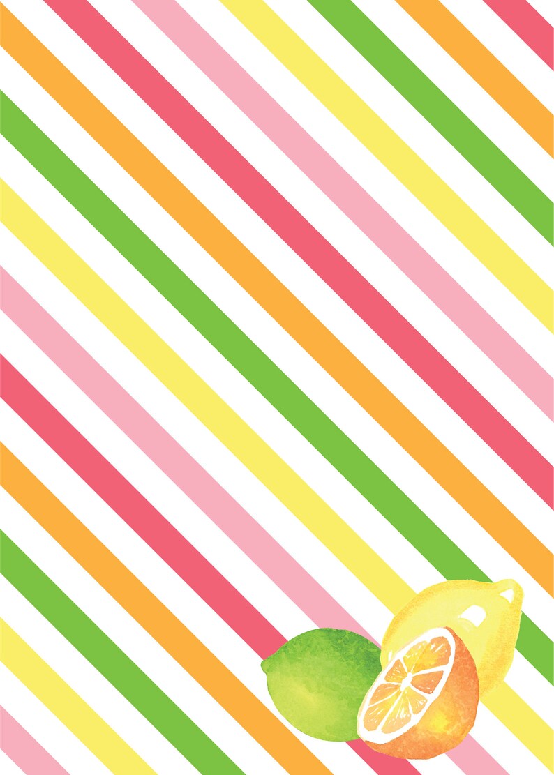 May include: A watercolor illustration of a lime, a lemon, and a lemon wedge on a white background with diagonal stripes in pink, yellow, orange, and green.