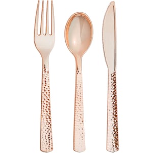 Rose Gold Premium Plastic Hammered Cutlery for 8 | Plastic Silverware | Party Utensils | Birthday Party | Disposable Wedding Flatware