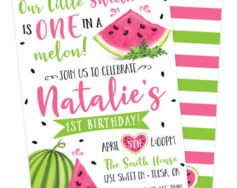 Invitation de fête d'anniversaire de pastèque | Fête du premier anniversaire One In A Melon | Invitation imprimable pastèque | Invitation personnalisée numérique