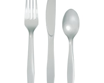 SALE | Silver Plastic Cutlery Service for 8 | Plastic Silverware | Party Utensils | Kids Birthday Party | Disposable Flatware | Party Supply