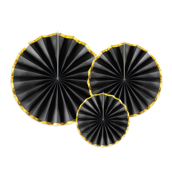 Black & Gold Paper Fan Decorations | Graduation Party Fans | New Year's Eve Decorations | Birthday Party Decor | Pack of 3 Party Fans Il_570xn