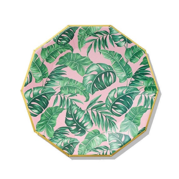 Pink Palm Leaf Large Plates | Tropical Baby Shower | Tropical Bridal Shower | Tropical Bachelorette Party | Luau Party | Pack of 10 Plates Il_570xn