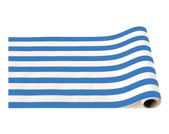 Palisades Blue Striped Paper Table Runner 12.5ft - Coastal Party, Nautical Table Decor