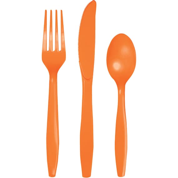 Orange Premium Plastic Cutlery Service for 8 Plastic Silverware Party  Utensils Birthday Party Disposable Flatware Halloween Party 