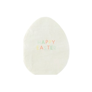 May include: White paper egg-shaped napkin with the text "HAPPY EASTER" in rainbow colors.