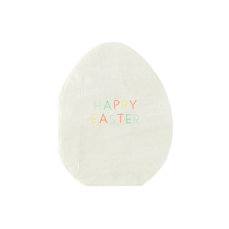 May include: White paper egg-shaped napkin with the text "HAPPY EASTER" in rainbow colors.