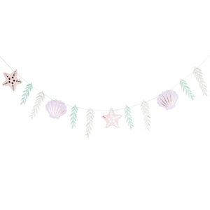 May include: A decorative garland featuring starfish, seashells, and leaf-shaped cutouts in pastel colors. The starfish are pink with brown dots, the seashells are lavender with gold accents, and the leaves are light green and silver.