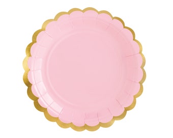 Pink Gold-Trimmed Scalloped Dessert Plates 6 ct | Pink Baby Shower Decor | Girl's Birthday Party | Gender Reveal