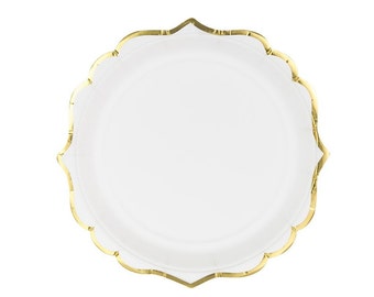 White Gold-Trimmed Scalloped Dessert Plates 6ct | Neutral Baby Shower | White Wedding Decor | Bridal Shower | Small Paper Plates