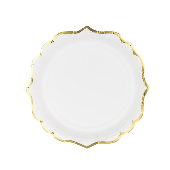 25 White with Blue 8 in Floral Dessert Paper Plates with Scallop Trim