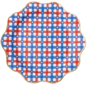 May include: A decorative paper plate with a scalloped edge and a gold rim. The plate features a red, white, and blue gingham pattern with white stars. The design is reminiscent of a patriotic theme.